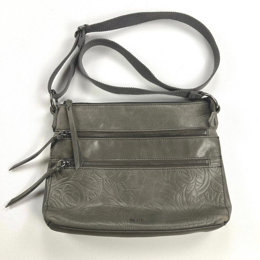 The Sak Reseda Gray Leather Bohemian Crossbody Bag Purse Embossed Floral - Picture 2 of 16